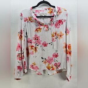 LOFT Womens‎ White Floral Print Long Sleeve Tie Neck Casual Blouse Top Size M